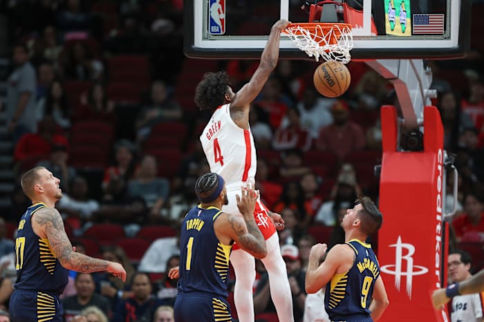 Rockets guard Jalen Green dunks the ball during the third quarter against the Indiana Pacers at Toyota Center.